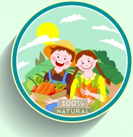 natural carrot label young farmer icons multicolored cartoon
