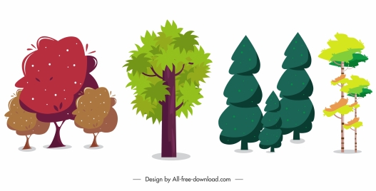 natural elements icons trees sketch colored classic design
