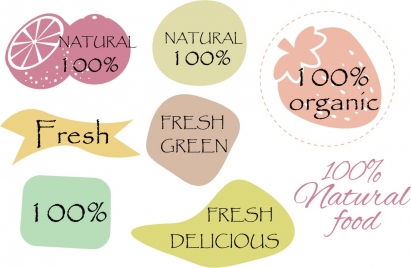 natural food labels collection various shaped colored flat icons