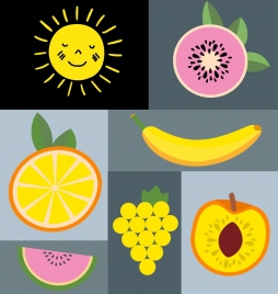 natural fruits icons isolation colored flat design