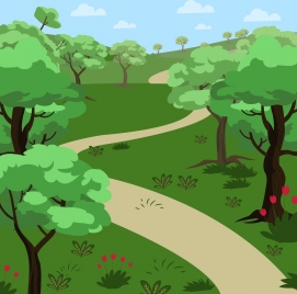 natural landscape drawing green tree pathway icons