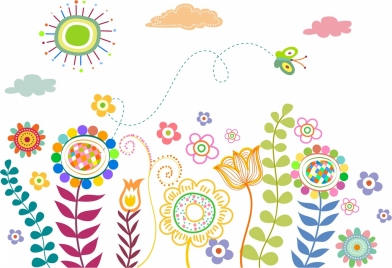 natural life drawing multicolored handdrawn flowers butterfly icons