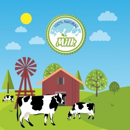 natural milk advertisement cows farmland decoration colorful design