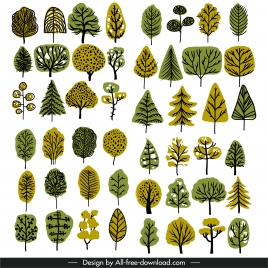 natural tree icons collection classical flat handdrawn sketch