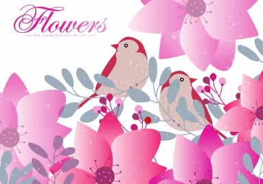 nature background pink flowers birds cartoon design