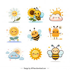 nature design elements collection cute bee sun cloud symbols