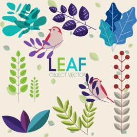 nature design elements colorful leaf birds icons