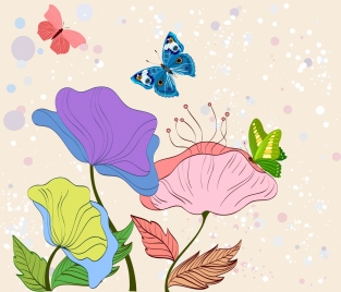 nature drawing multicolored design flowers butterflies icons