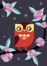 nature drawing pink flower perching owl icons