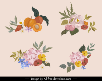 nature elements icons colorful classic botany fruits sketch