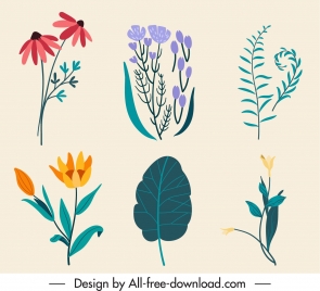 nature elements icons colorful classic handdrawn sketch