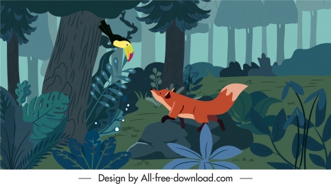 nature painting jungle fox toucan sketch cartoon design