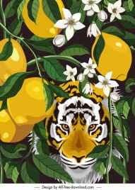 nature painting lemon tree tiger sketch colorful classic