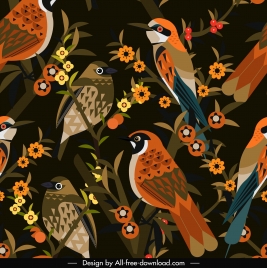 nature pattern birds species flowers decor dark retro