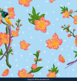nature pattern cherry blossom bird icons colorful design