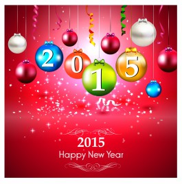 New Year 2015 greeting card with colorful baubles on red background