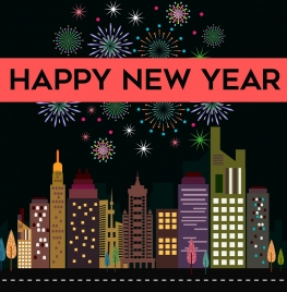 new year banner sparkling fireworks modern city icons