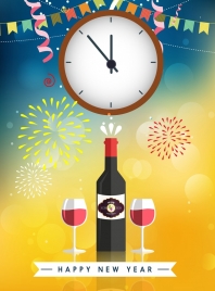 new year banner wine glass clock fireworks icons