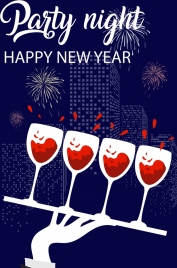 new year banner wineglasses fireworks skyscrapers icons