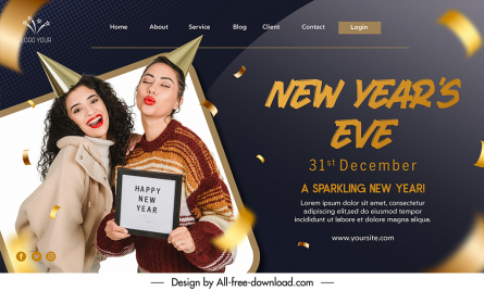 new years eve landing page template modern dynamic realistic cheering ladies confetti sketch