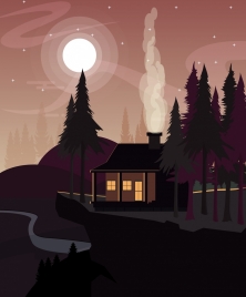 night landscape drawing moonlight house trees icons