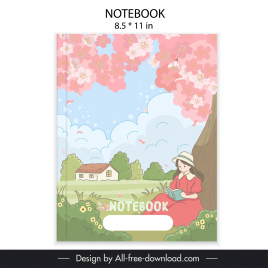 notebook cover template cute cartoon girl reading book scene