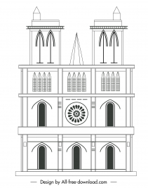 notre dame cathedral church in paris icon flat black white symmetrical geometry outline