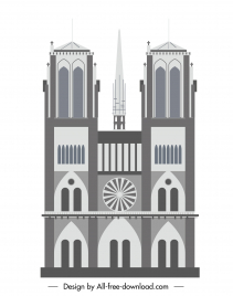 notre dame cathedral in paris icon flat classical symmetric sketch