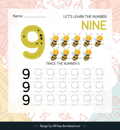 number nine worksheet for kids template cute stylized cartoon bee animals sketch