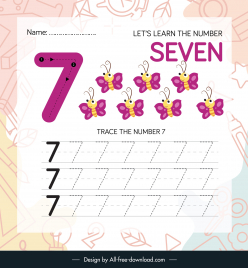 number seven worksheet for kids education template cute cartoon butterflies sketch