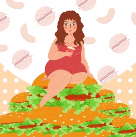 obesity banner fat woman food stack colored cartoon