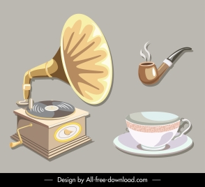 objects icons retro 3d speaker pipe cup sketch