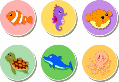 ocean animals icons various colored types isolation