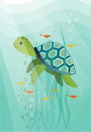 ocean background turtle fishes icons colorful cartoon