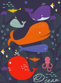 ocean background whale fish octopus icon colored cartoon