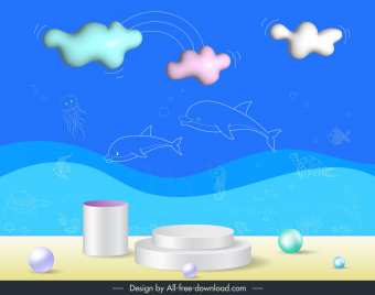 ocean elements backdrop template elegant dynamic 3d podium handdrawn design