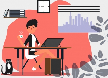 office work painting lady laptop icon colored cartoon