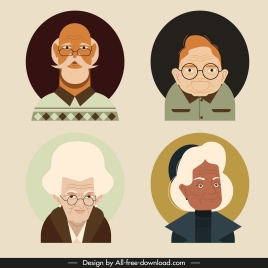 old people portrait avatars colored cartoon sketch
