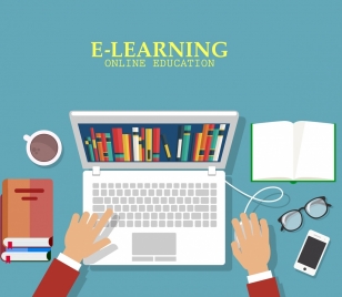 online education banner laptop hands tools icons