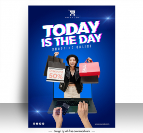 online shopping poster discount template happy woman laptop realistic