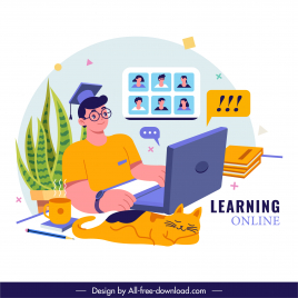 online study banner student laptop sketch cartoon design