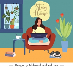 online work banner working girl home space sketch