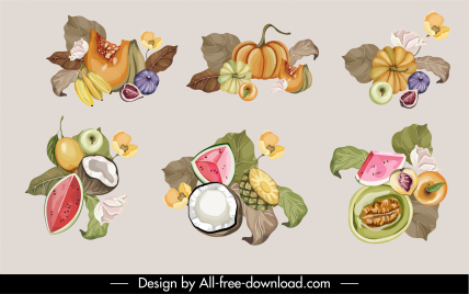 organic products icons colorful retro handdrawn sketch