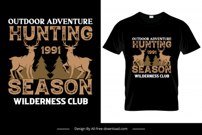 outdoor adventure hunting season wilderness club tshirt template flat silhouette symmetric retro reindeers trees sketch