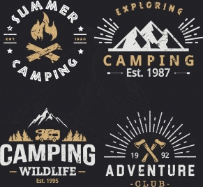 outdoor camping logotypes retro design mountain fire icons