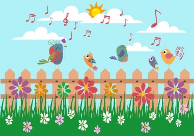 outdoor nature background singing birds grass flora icons