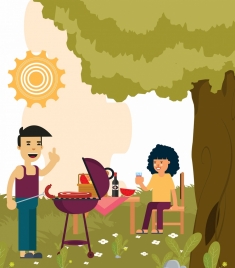 outdoor picnic drawing happy couple barbecue colored cartoon