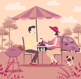 outdoor picnic drawing romantic couple icons colored cartoon
