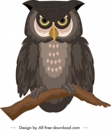 owl icon colored handdrawn sketch perching gesture