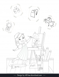 painting work design elements dynamic cute little girl outlines